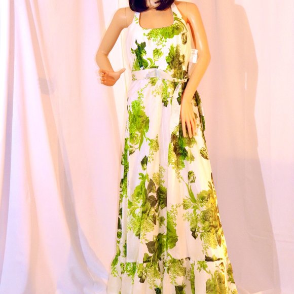 Kay Unger White & Green Floral Halter Neck Dress - Picture 1 of 3